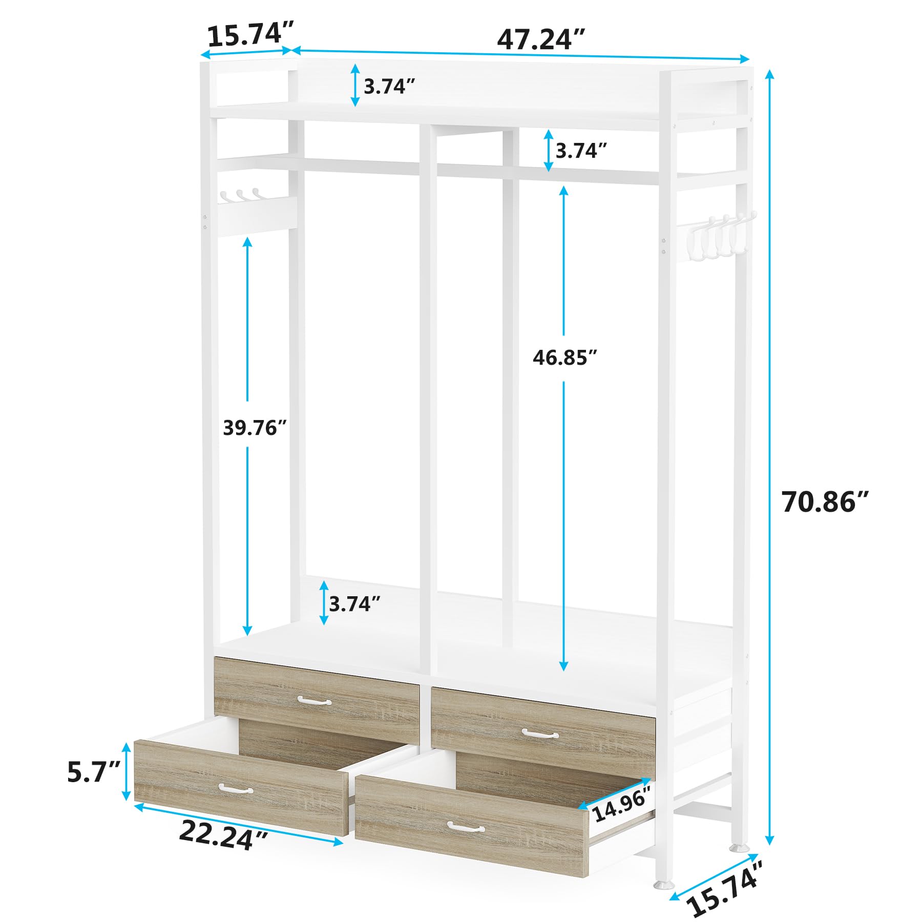 Tribesigns Freestanding Closet Organizer for Hanging Clothes, Heavy Duty Garment Rack with 4 Drawers, 8 Hooks and Storage Shelves, Wardrobe Closet Clothing Rack for Bedroom, Living Room, White Walnut