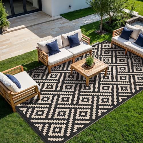 Image of GENIMO Outdoor Rug, Waterproof Plastic Rugs 10'x14' for Camping Black Beige | Outside Larger Modern Carpet Mat for Patio Decor, RV, Porch, Camper, Deck, Picnic, Beach, Backyard, Reversible, Foldable