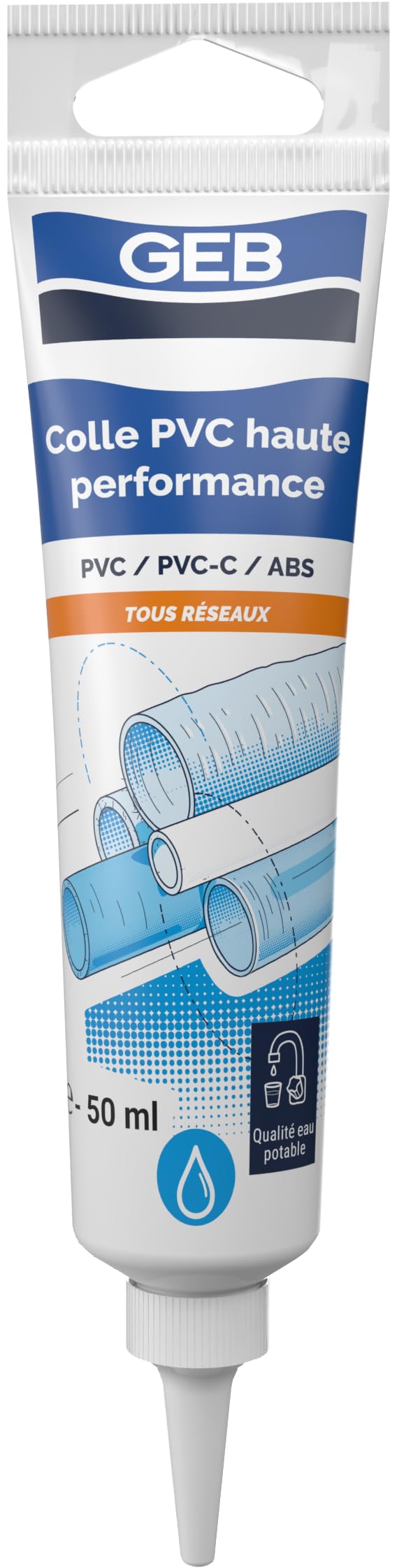 GEB Colle haute performance tube 50 ml polyvalente pour assemblage de canalisations en PVC - Pour réseau avec pression d'eau froide/​chaude sanitaire et réseau d'évacuation des eaux usées