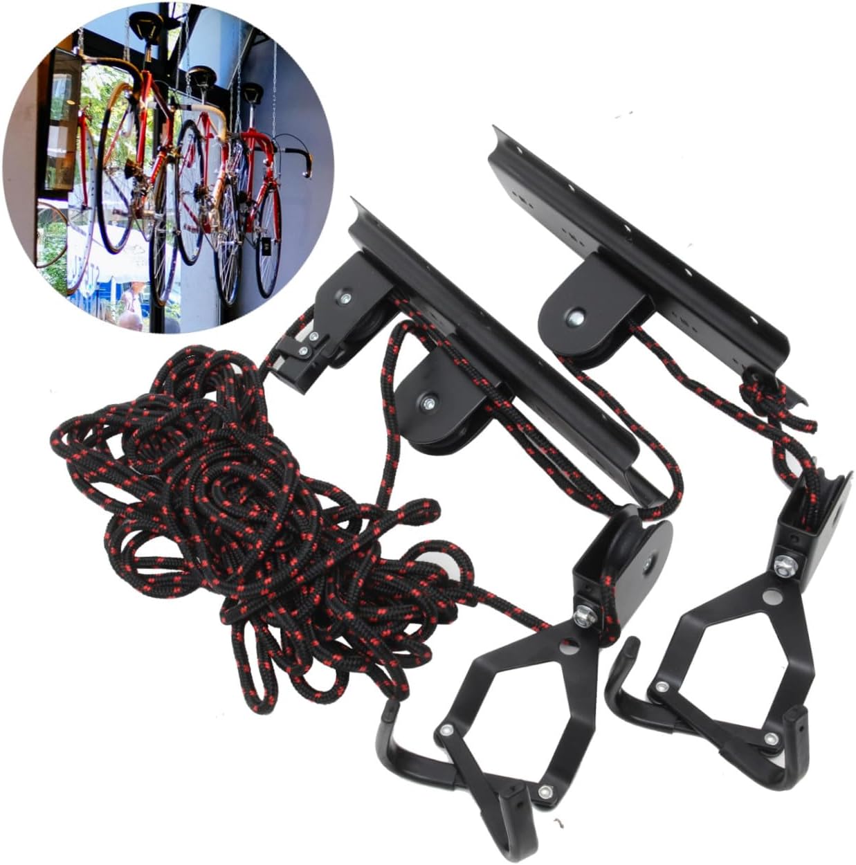 Ceiling Bike Hanger and Garage Wall Mount Rack, Steel Bicycle Storage Hook with Pulley System for Indoor Bike Organization and Space Saving Random Color