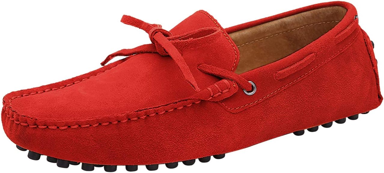 Santimon Men's Suede Leather Driving Walking Moccasins Loafer Lace Shoes Red 8.5 US
