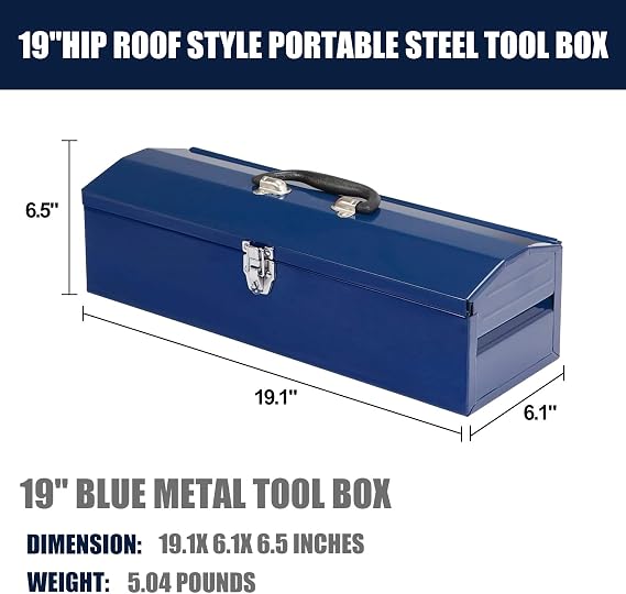 Portable Tool Box, Metal Tool Box, 19 Hip Roof Style, Ideal for Trailer, Mechanic, DIY-ers, Car Toolbox, Workshops, Garages, Repair Shops,Blue