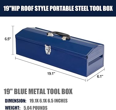 Portable Tool Box, Metal Tool Box, 19 Hip Roof Style, Ideal for Trailer, Mechanic, DIY-ers, Car Toolbox, Workshops, Garages, Repair Shops,Blue
