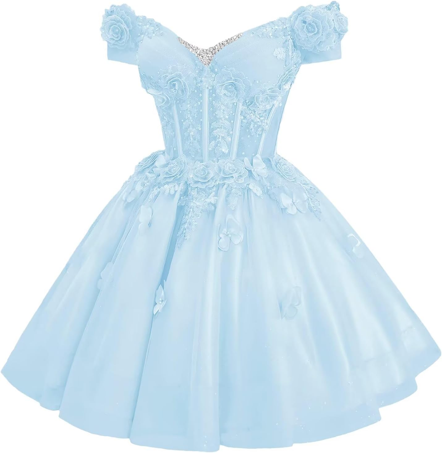 Tsbridal Glitter Tulle Homecoming Dress Short 3D Flowers Off Shoulder Beads DAMA Dresses for Quinceanera