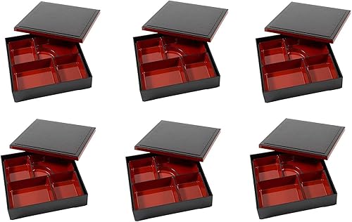 Vista 8 de JapanBargain, Caja Bento japonesa lacada en rojo y negro con tapa, 5 compartimentos, juego de 3 piezas (base, inserto, tapa), sin BPA, restaurante