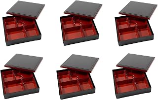 JapanBargain, 6-Pack Japanese Red & Black Lacquered Bento Box with Lid, 5 Compartments, 3-Piece Set (Base, Insert, Lid), BPA-Free, Restaurant or Home Use, Made in Japan, 9.5"x9.5"