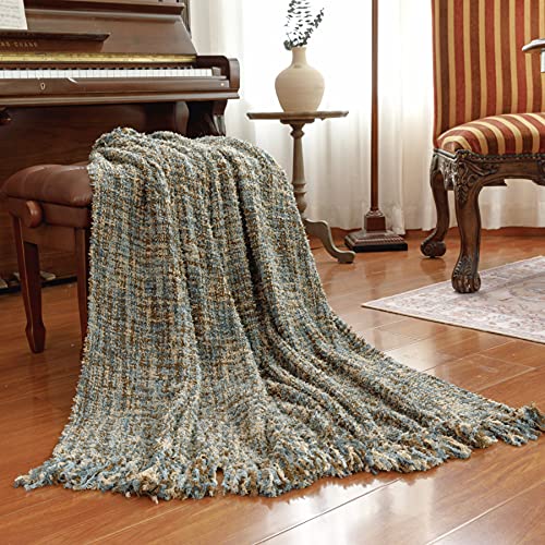 Soft Textured Rustic Blanket Throw With Tassel, Multi-Color Knitted Cozy Farmhouse Throw Blanket For Couch Sofa Chair Bed Office Home Décor, Blue Taupe Sage, 50" X 60" #TOP2