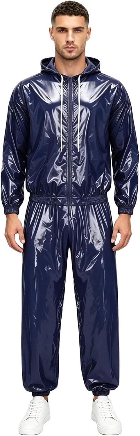 Linjinx Men Sauna Suit Hooded Top with Drawstring Pants Loose Outfit Casual Sportswear Set Streetwear Raincoat