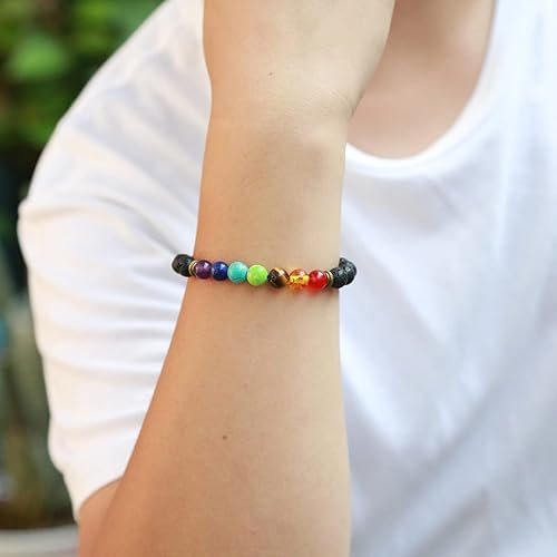 Miniatura 5 de HEDQFM 2 pulseras de piedra de lava con 7 chakras, aromaterapia, difusor de aceites esenciales, pulseras de cuentas de yoga, pulsera elástica de