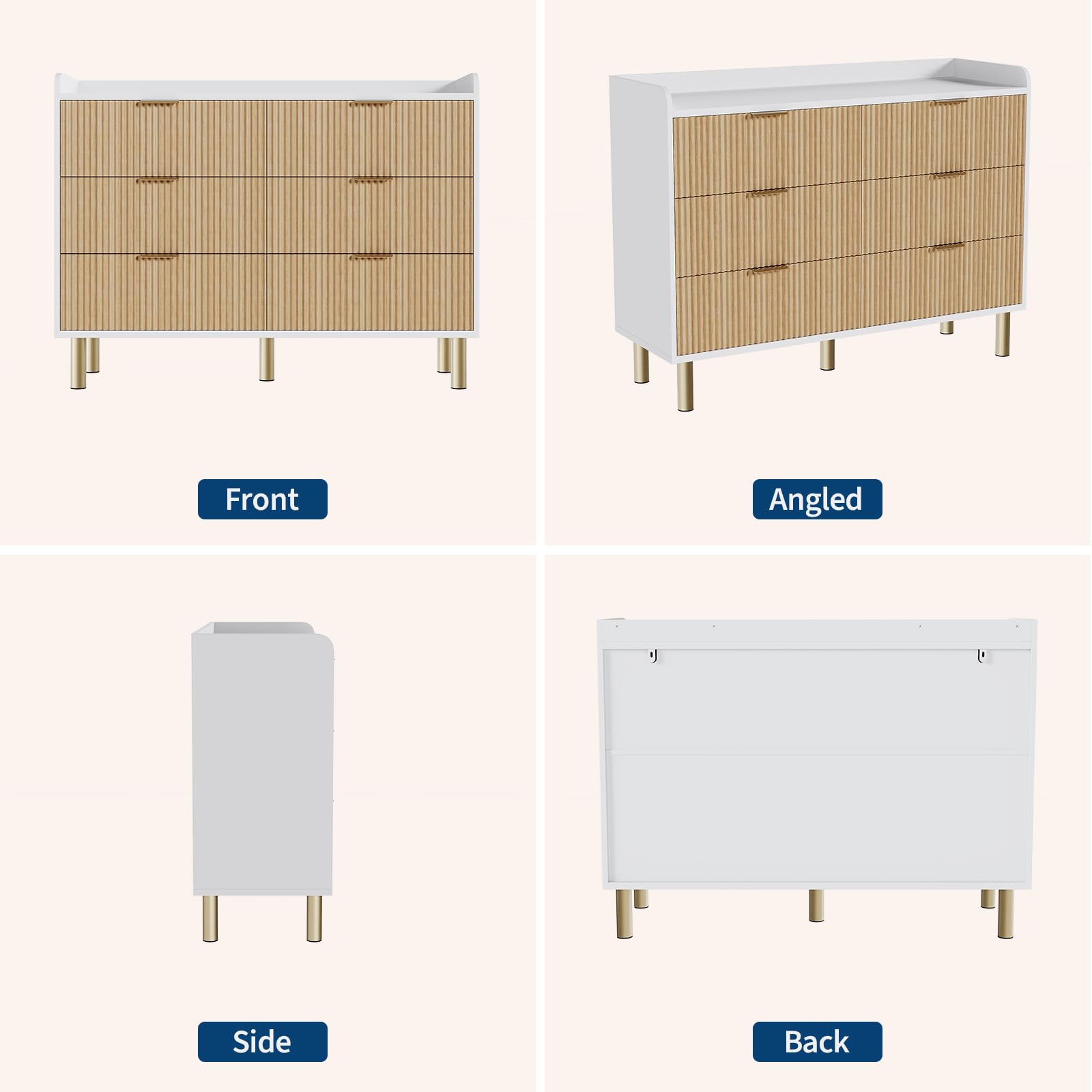 Garvee Cassettiera moderna 6 cassetti 120 cm per camera da letto - Comò bianco in legno scanalato, design curvo, maniglie e gambe in metallo dorato - Colore: Bianco + venatura legno naturale