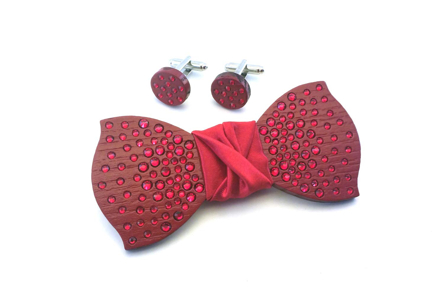Papillon e gemelli legno GIGETTO Strass Rosso scuro Nodo Raso Made in Italy