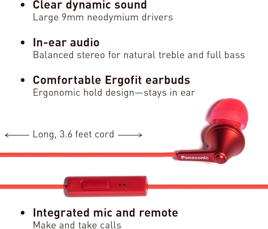 PANASONIC ErgoFit Earbud Headphones with Microphone and Call Controller  Compatible with iPhone, Android and BlackBerry - RP-TCM125-R - in-Ear (Red)  : Amazon.com.au: Electronics