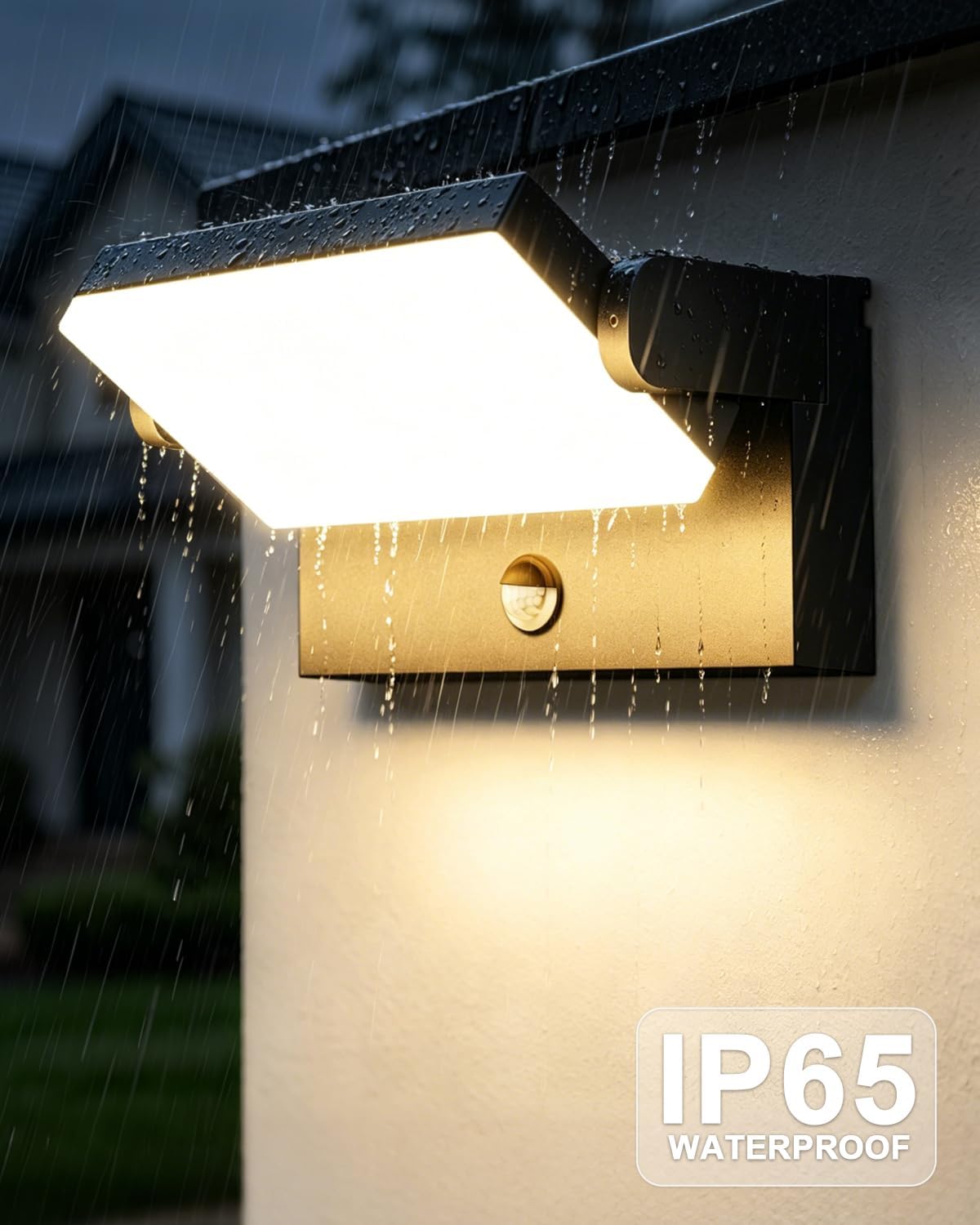 The LED wall light being rained on, with 'IP65 WATERPROOF' text, demonstrating its water resistance.