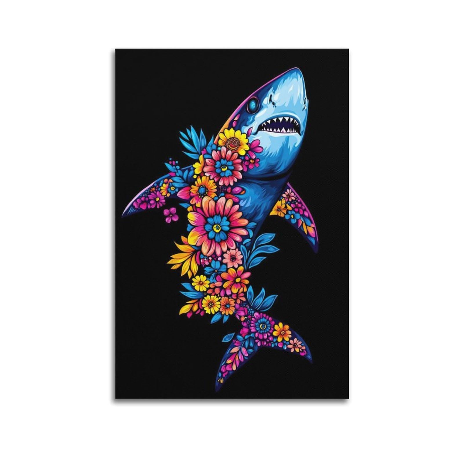 ZSZWHJ Animal Poster Sharks And Flowers Poster Decorative Painting Canvas Wall Posters And Art Picture Print Modern Family Bedroom Decor Posters 20x30inch(50x75cm)