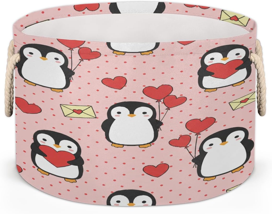 Large Storage Baskets - Penguins Valentine Nursery Round Collapsible Organizer Bin Box, Laundry Hamper for Kids Toys, Blanket, Bedroom Living Room Home Decor, Gift Basket, 19.4"x13.3"