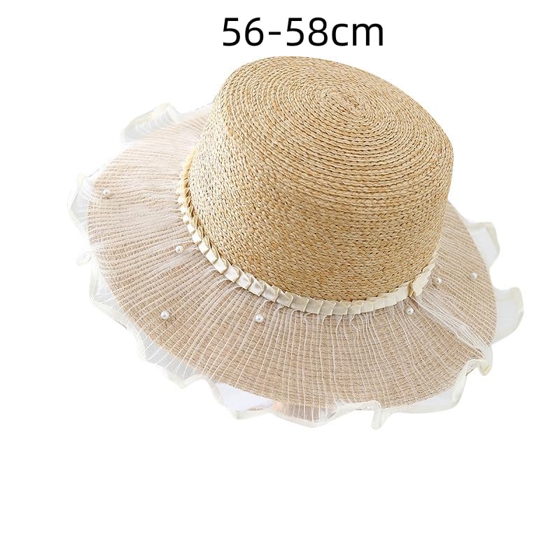 Sombrero de Paja de ala Ancha Ajustable para Mujer,con Visera y Encaje de Perla,Protección UV,Cómodo y Transpirable, Playa y Actividades Al Aire Libre