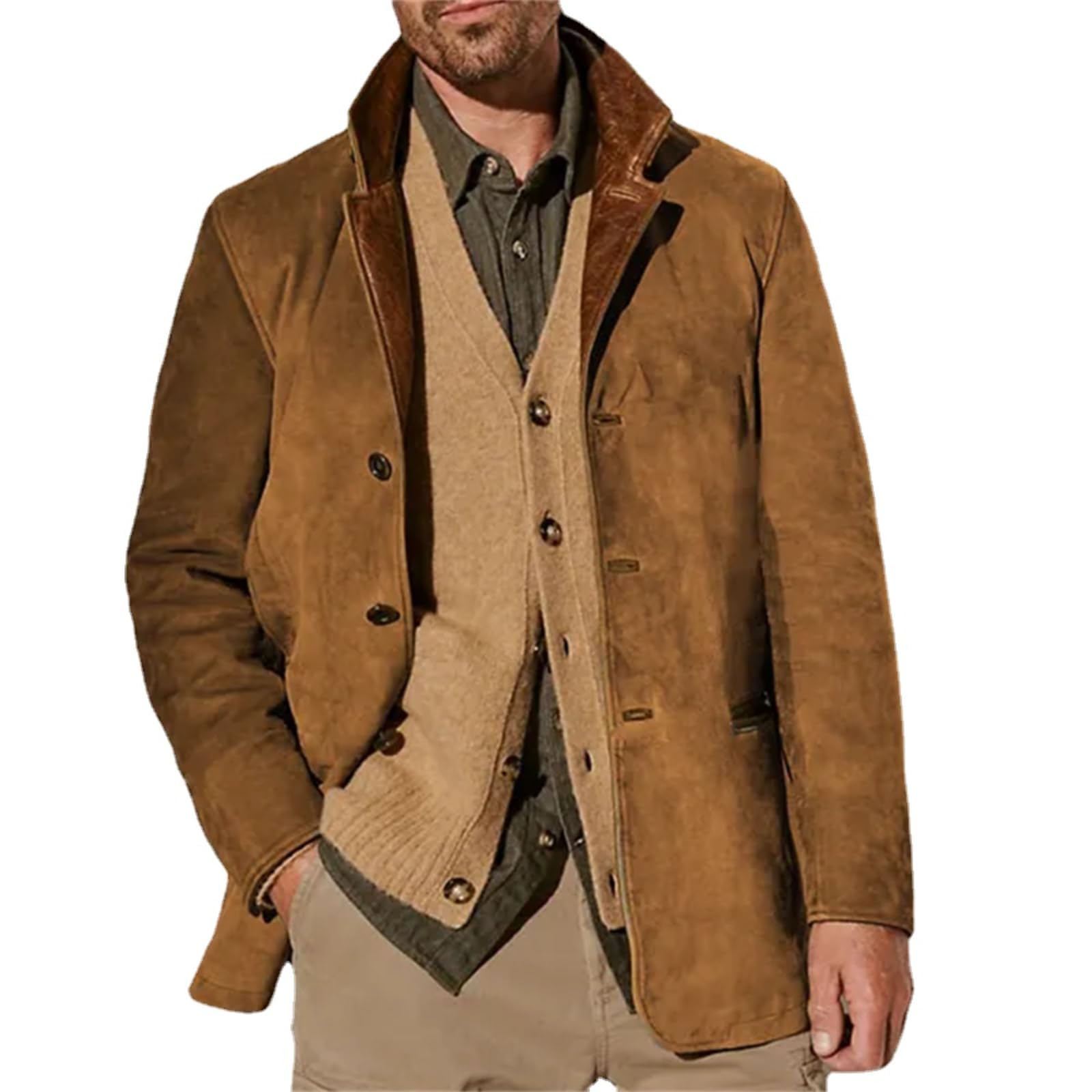 Chaquetas de gamuza vintage para hombre, chaqueta de doble capa, cuello de piel, longitud media, abrigo de otoño e invierno al aire libre
