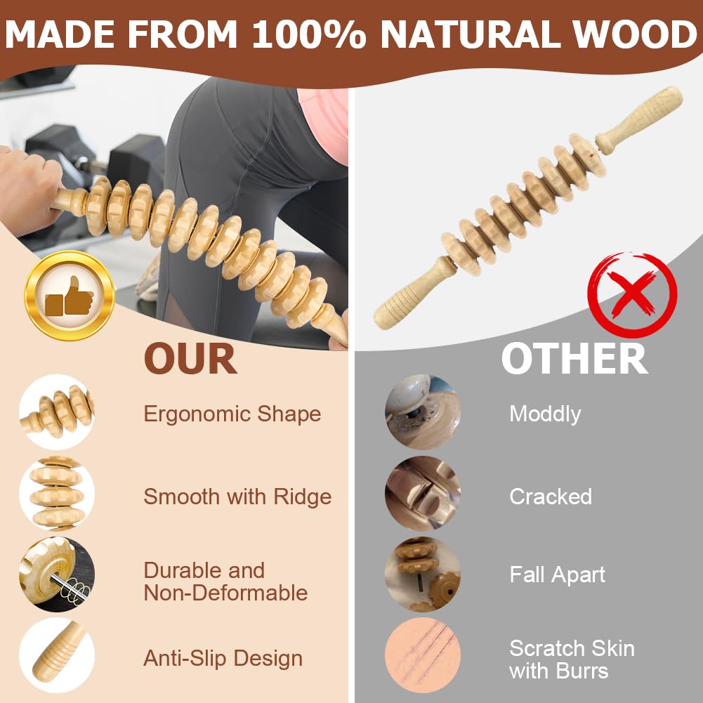 ACWOO Faszienrolle Holz, 2 Stück Faszienstab holz, Massageroller Holz, Anti Cellulite Massage Massagegerät für Muskelentspannung, Körperformung, Gua Sha Massage