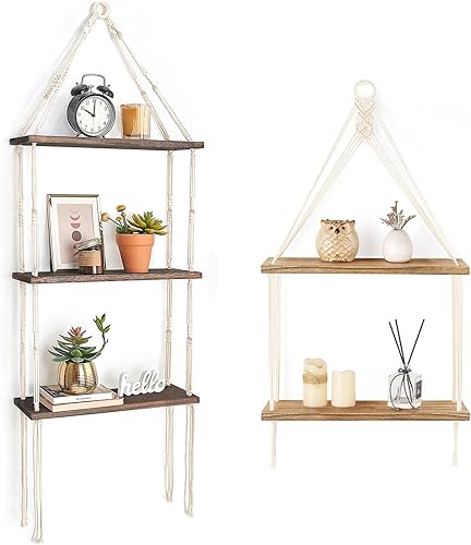 Mkono Estante colgante de pared de macramé, estantes flotantes de madera de 3 niveles y cuerda de algodón hecha a mano de 2 niveles, estantes
