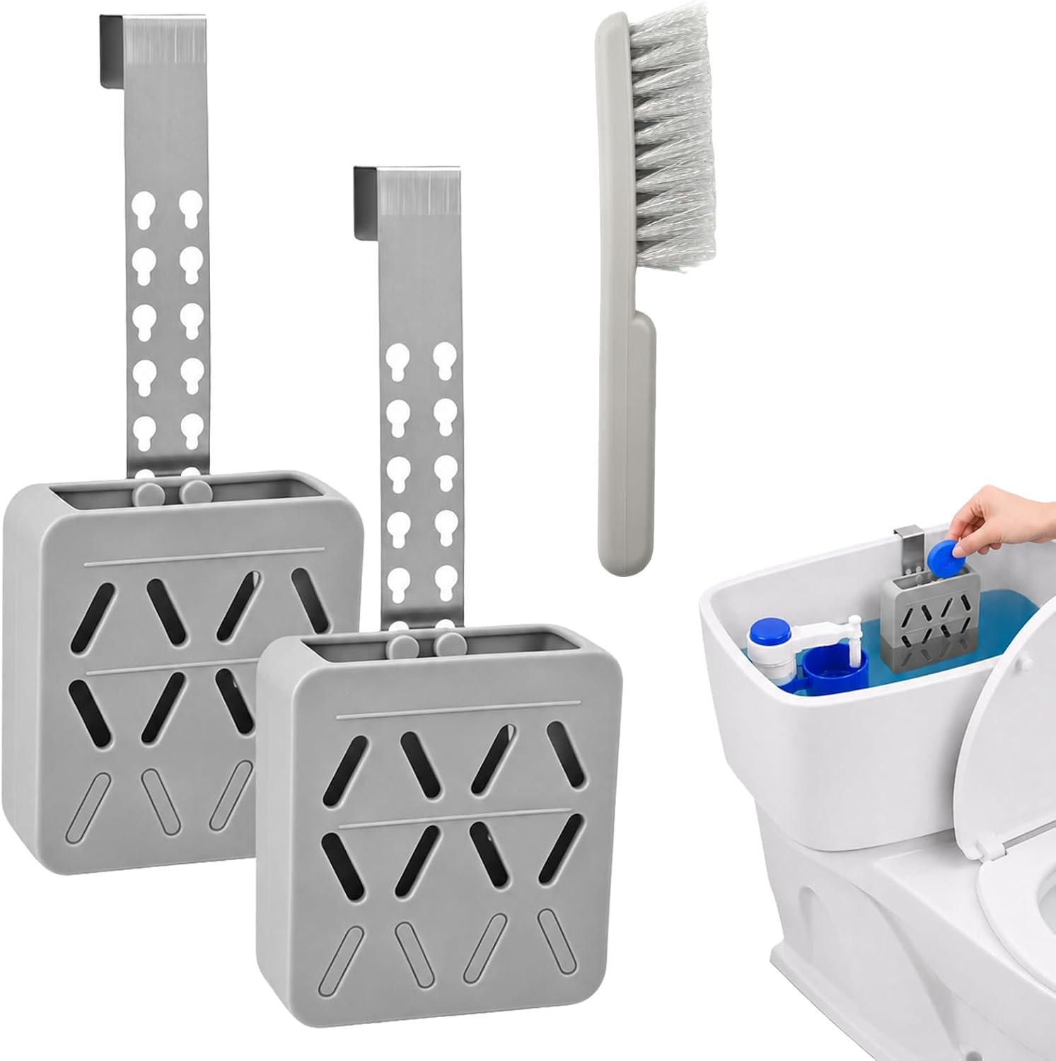2 PCS Adjustable Toilet Tank Tablet Holder with Cleaning Brush, 3.94 x 3.54 x 1.18 in Hanging Silicone Cleaner Tablet Bracket with Rustproof Hooks, Helps Reduce Residue & Flapper Contact(Gray)