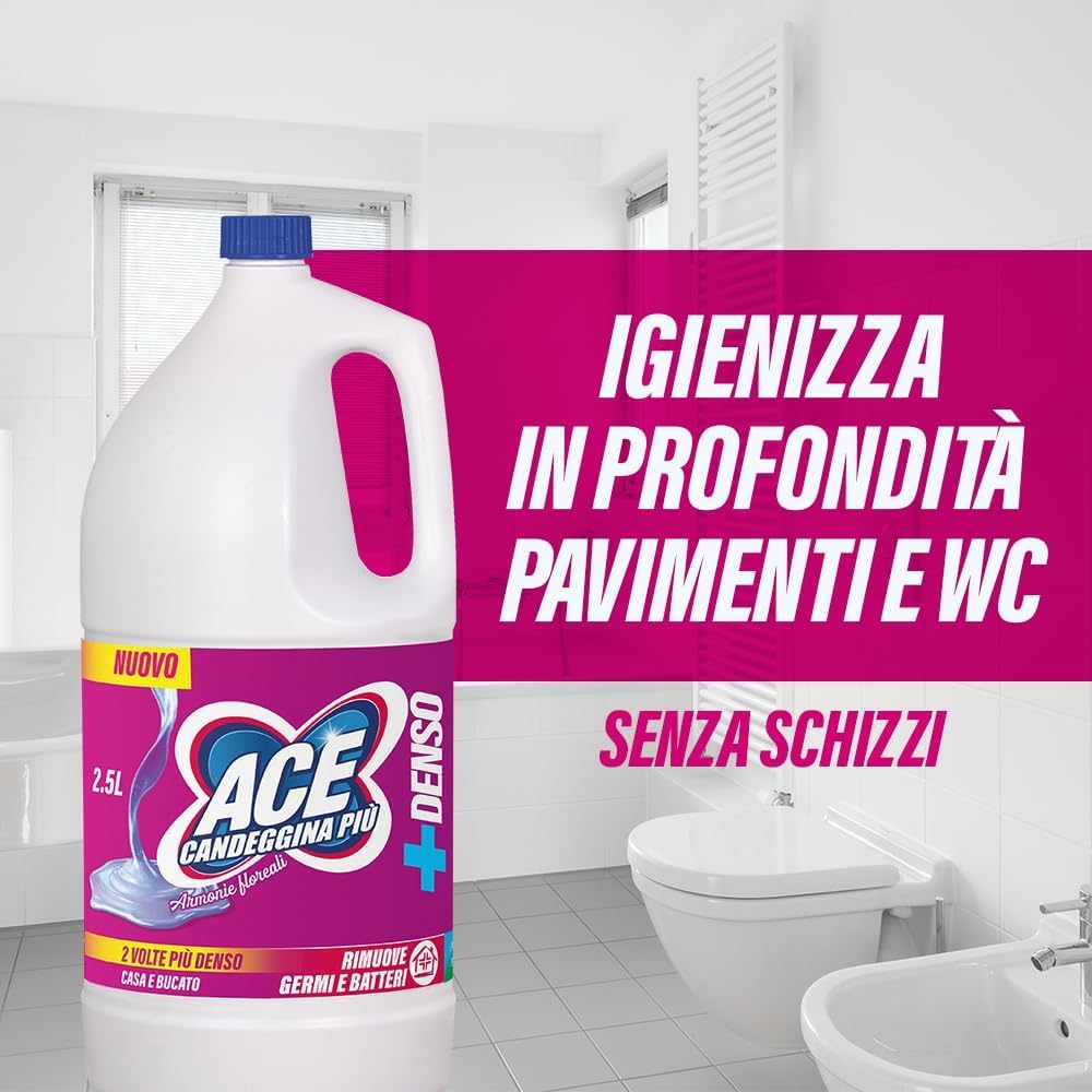 6x Ace Candeggina Più +Denso Armonie Floreali - igienizza superfici e bucato in profondità - Flacone 2,5Lt + Portachiavi Beni Culinari in Omaggio