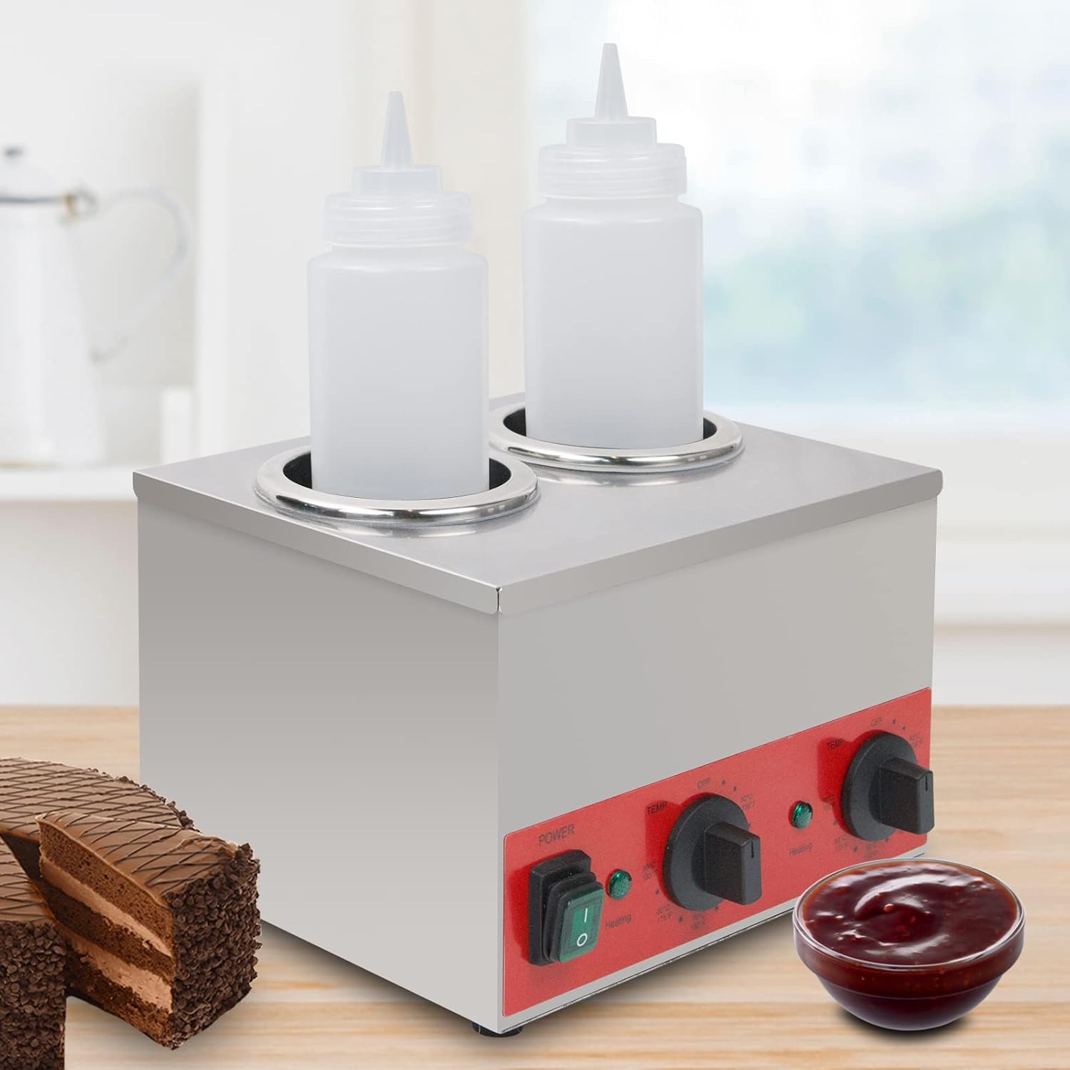Commercial Dual-Well Electric Sauce Warmer - Squeeze Bottle Dispenser for Nacho Cheese, Chocolate, Jam & Butter, Adjustable Temp 105-195°F, 110V Stainless Steel Heater (Bottles Not Included)