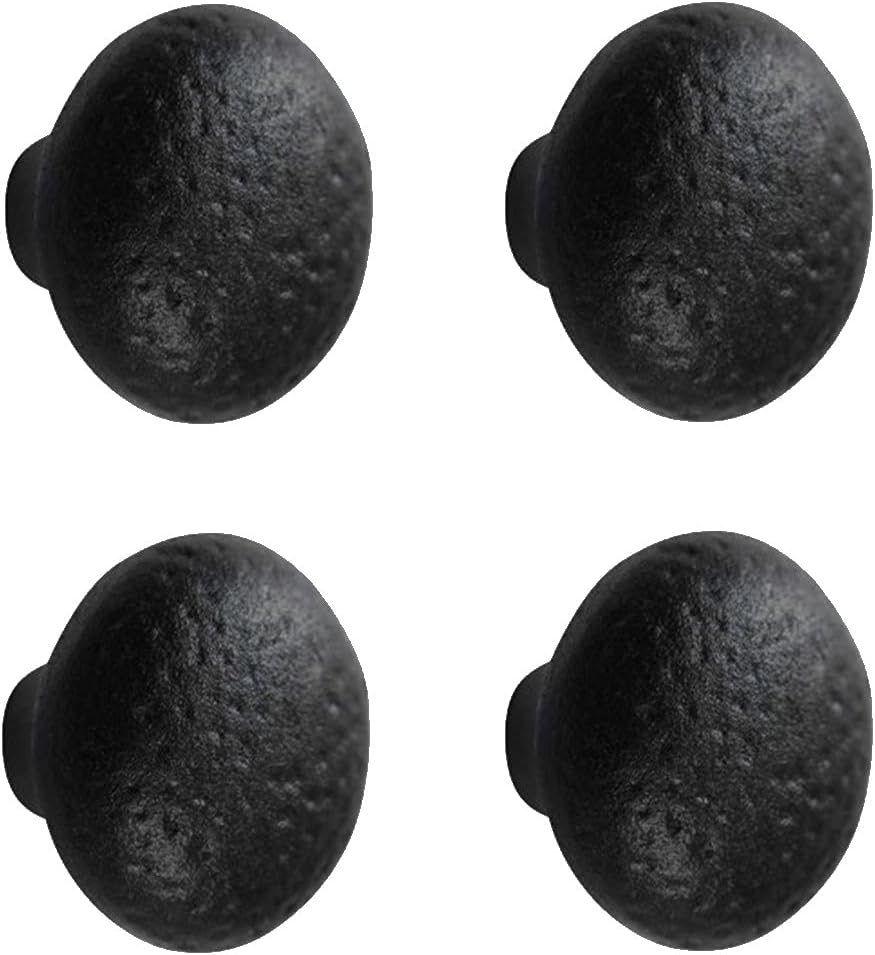 Renovators Supply Manufacturing Black Round Wrought Iron Cabinet Knob Pull 1.25" Diameter Antique Rustic Black Powder Coated Knobs for Kitchen Cabinet Drawer Pull Handles with Hardware Pack of 4