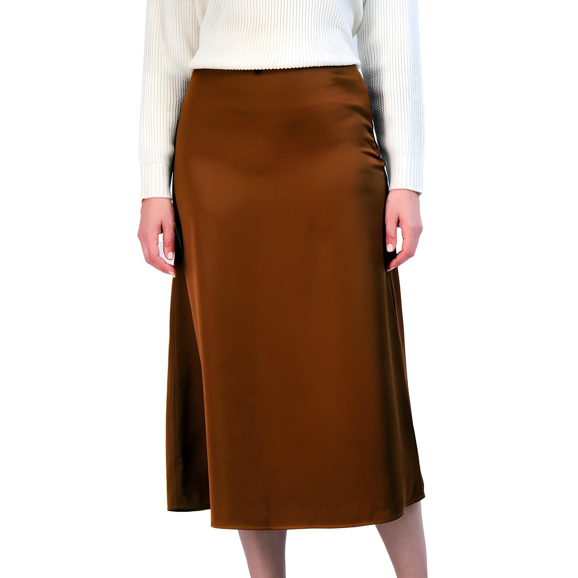 French Connection Womens Satin High-Waisted Midi Skirt - Flared A-Line Chic Casual Style for Work or Weekend