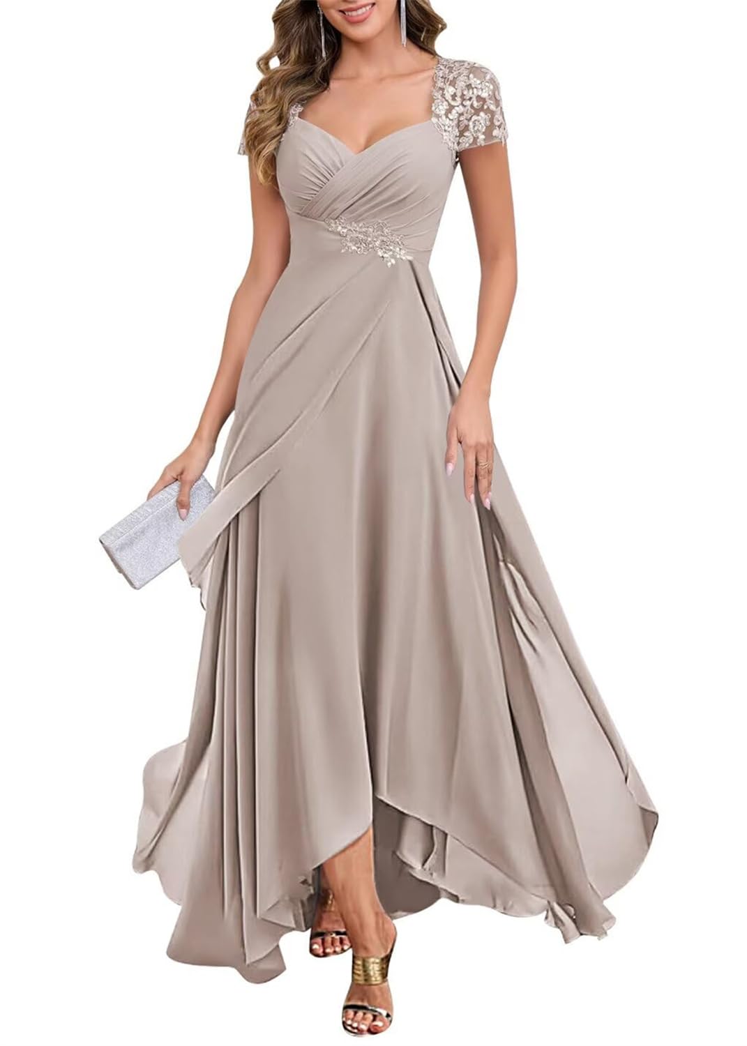 KIYNE Abito da donna con maniche ad aletta e scollo a V, in chiffon, per madre della sposa, abito lungo plissettato increspato da sera formale