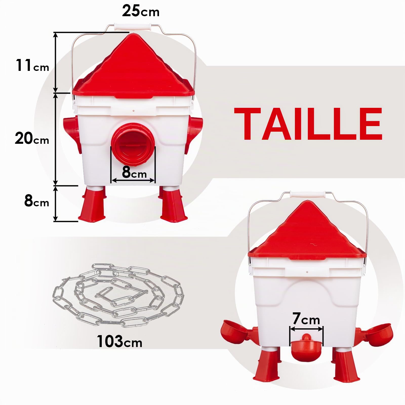 Todeco Ensemble Mangeoire 6 kg et Abreuvoir Automatiques 8 L pour Poules | 4 Ports et 4 Coupelles, 8 Pieds Amovibles, 2 Chaînes de Suspension en Acier, Installation au Sol ou Suspendue, pour Volailles