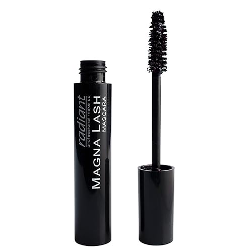 Radiant Professional Magna Lash Mascara, volumen y rizo, cepillo de silicona, color profundo, a prueba de manchas, pestañas alargadoras, libre de