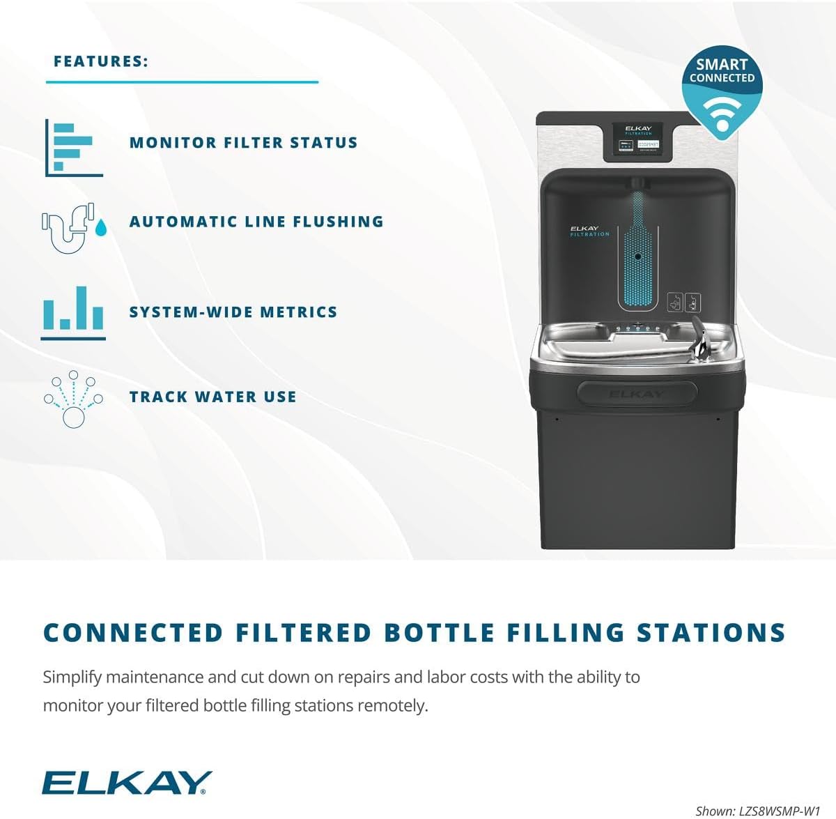 ELKAY LZSTL8WSMP-W1 Enhanced Filtered Connected Bottle Filling Station & Versatile Bi-Level ADA Cooler Refrigerated Midnight Black High Capacity Lead Reduction Drop Down Wrapper