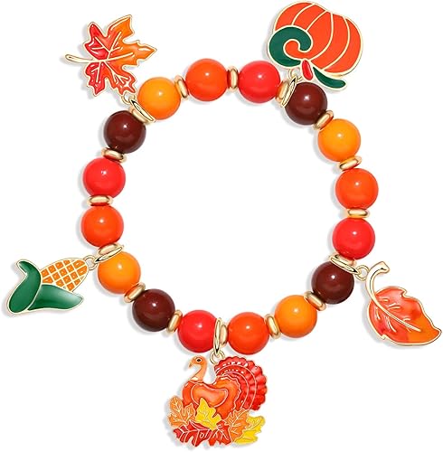 Pulseras de otoño de Acción de Gracias para mujer, linda pulsera con dijes de hoja de arce y pavo, calabaza y arce, pulseras elásticas con cuentas