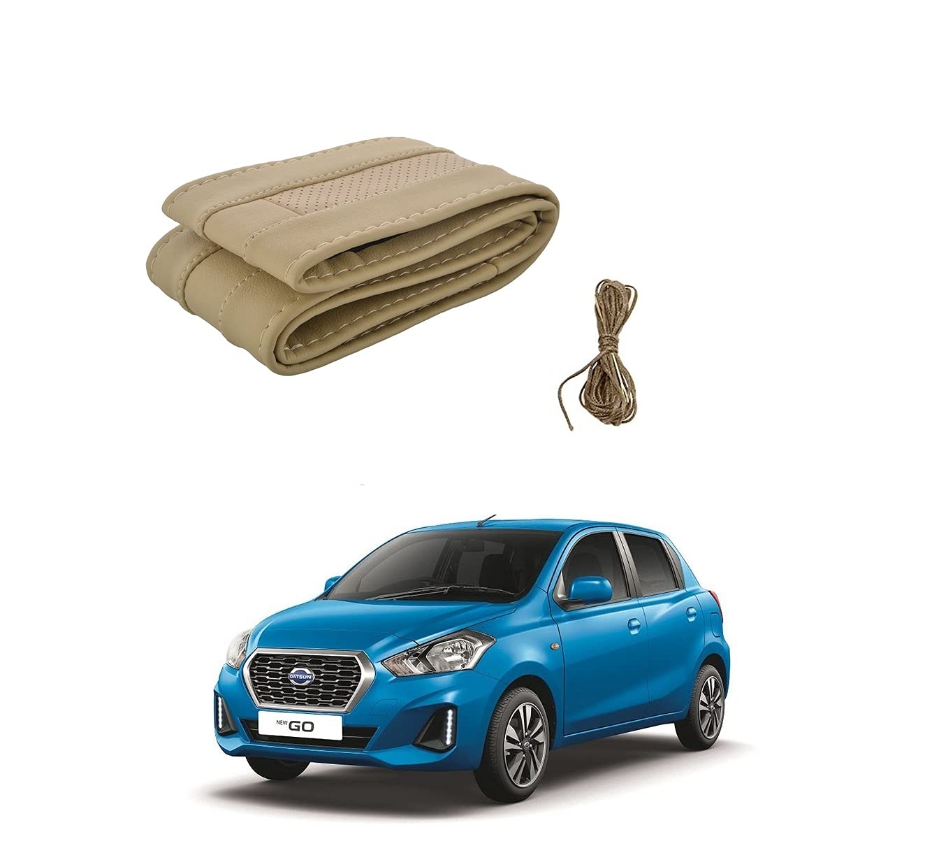 Car Steering Wheel Cover/Leatherette Stitchable Beige with Thread and Needle for Datsun Go-image-37