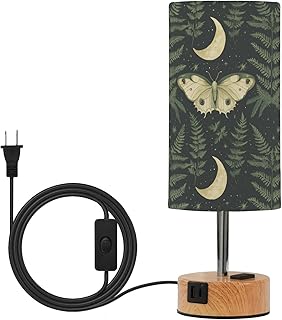 Dimmable Retro Sage Green Fern and Moth Table Lamp with 2 USB C Charging...