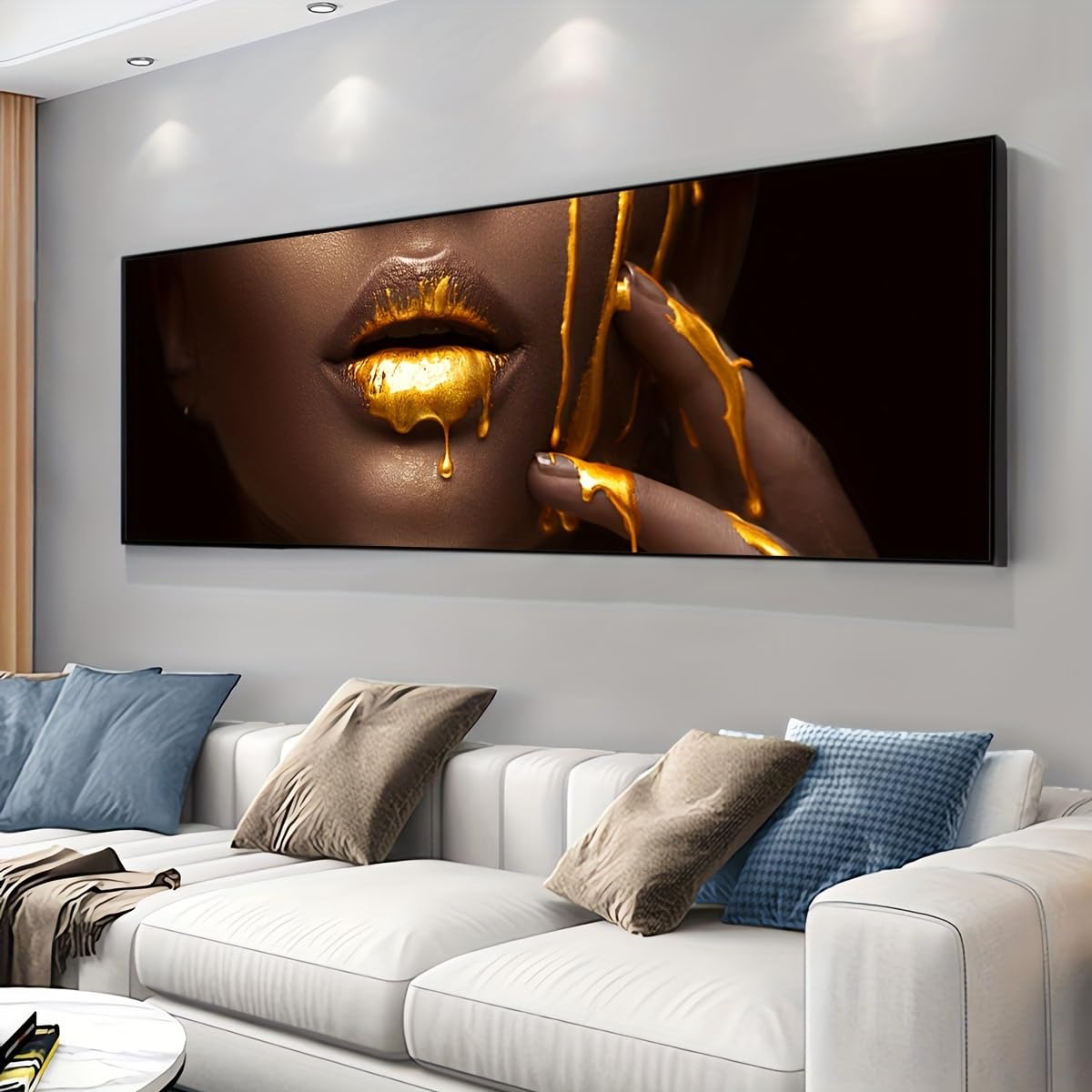 GLWDMH 1 sztuka 70 x 210 cm złota farba kropla na ustach dziewczyny modne obrazy na płótnie, sztuka ścienna plakat i wydruki, obraz ścienny do salonu, sypialni, jadalni, biura (bez ramy)