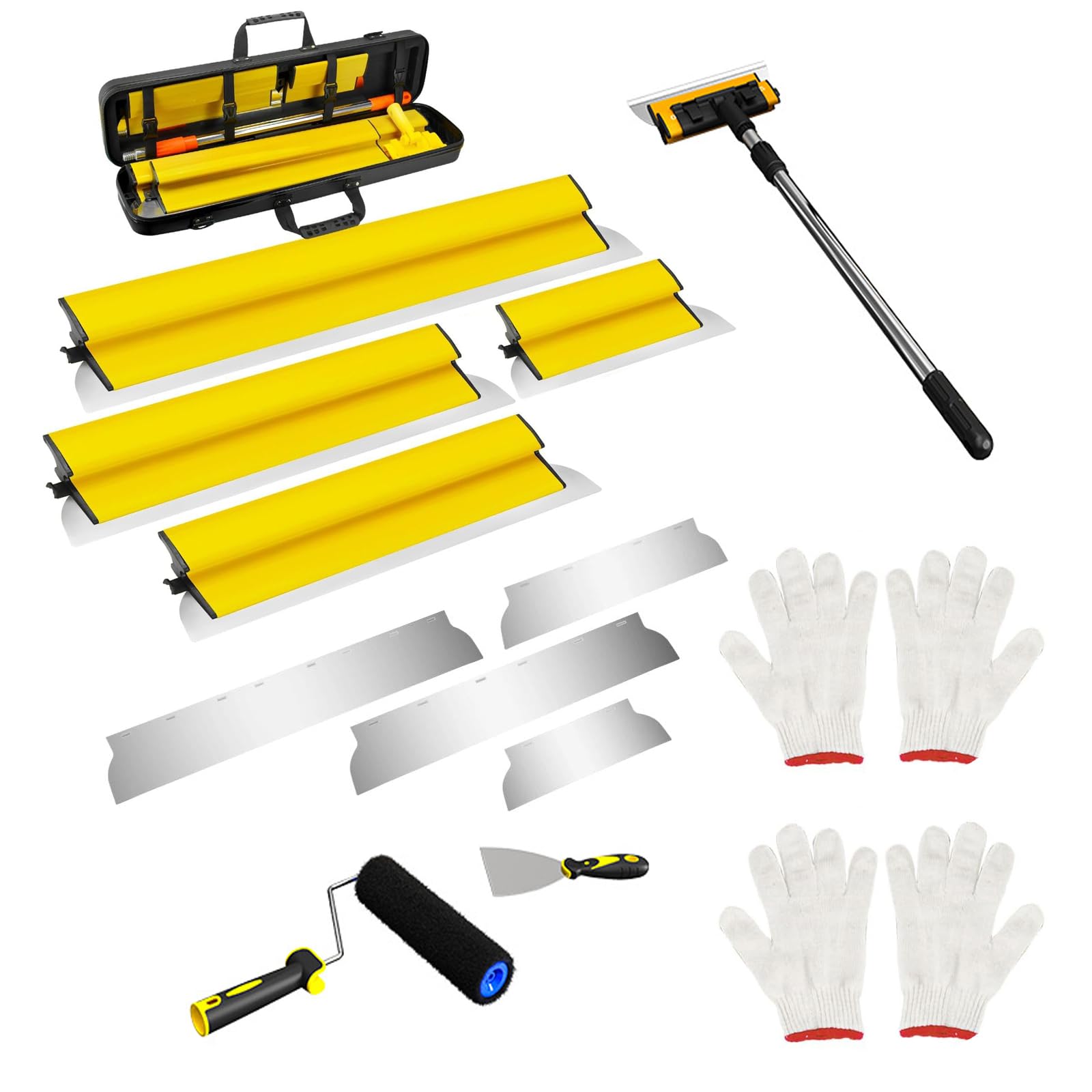 Set di lame per scrematura per cartongesso da 15 pezzi, lame per scrematura da 6/10/16/24/28 pollici, inclusa lama extra sostitutiva, maniglia di estensione da 28-62 pollici, per pannelli di r yellow