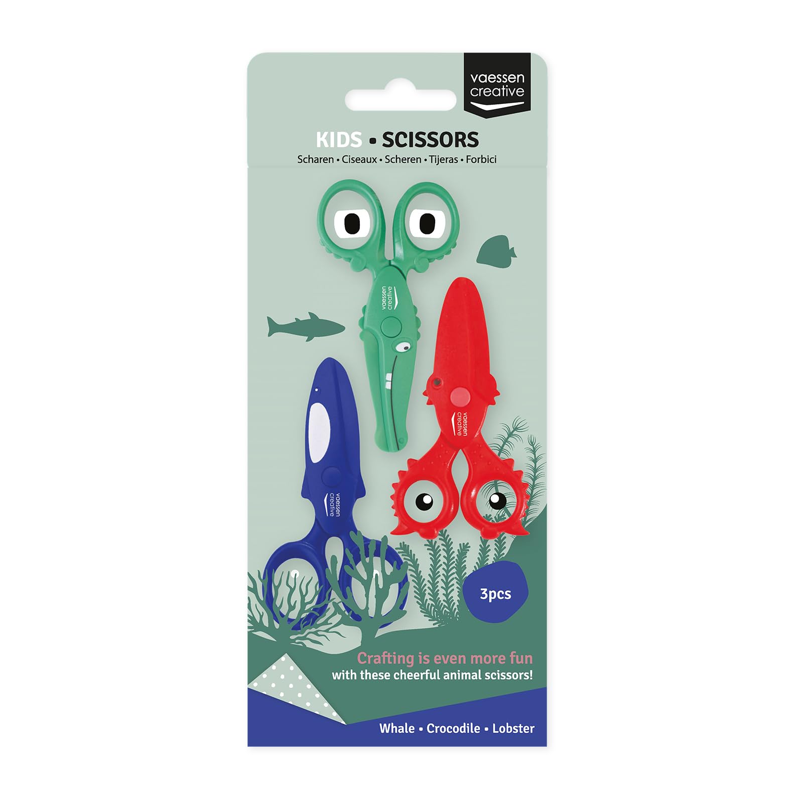 Vaessen Creative Set di Forbici per Bambini Granchio, Balena, Coccodrillo - 3 pz da 12 cm - Forbici punta arrotondata per la Sicurezza - Per Mancini e Destrimani - Progetti Creativi e di Hobbistica