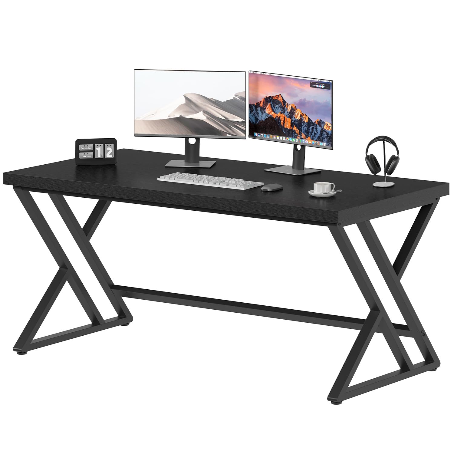 LVB Black Desk, Modern Gaming Writing Computer Desk for Home Office, Metal Wood Study Work PC Computer Table for Bedroom, Industrial Executive Student Workstation Desk, 47 Inch, Black Oak