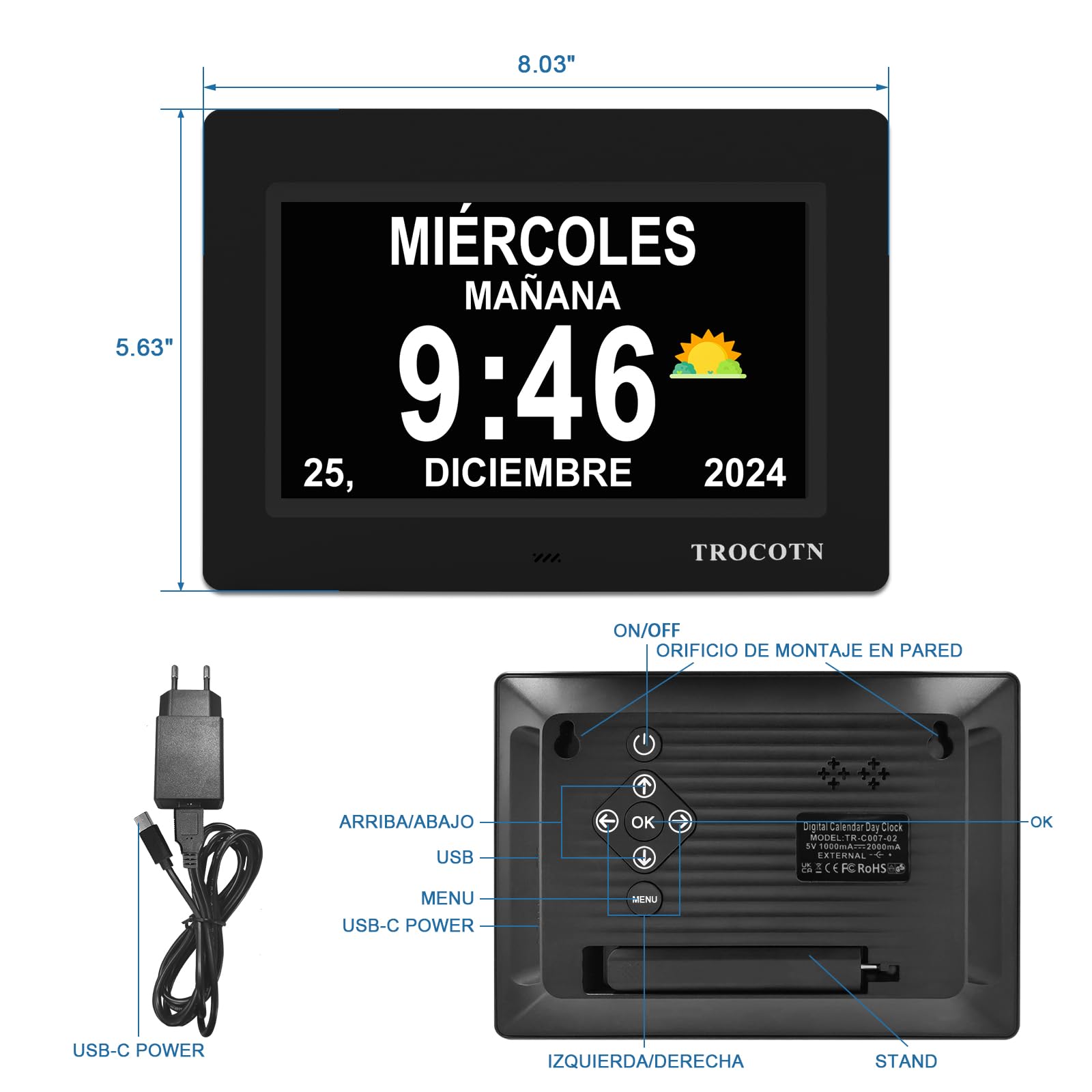 TROCOTN Reloj de demencia senioren, calendario digital, reloj senior, reloj con fecha y día de la semana (7 pulgadas negro)