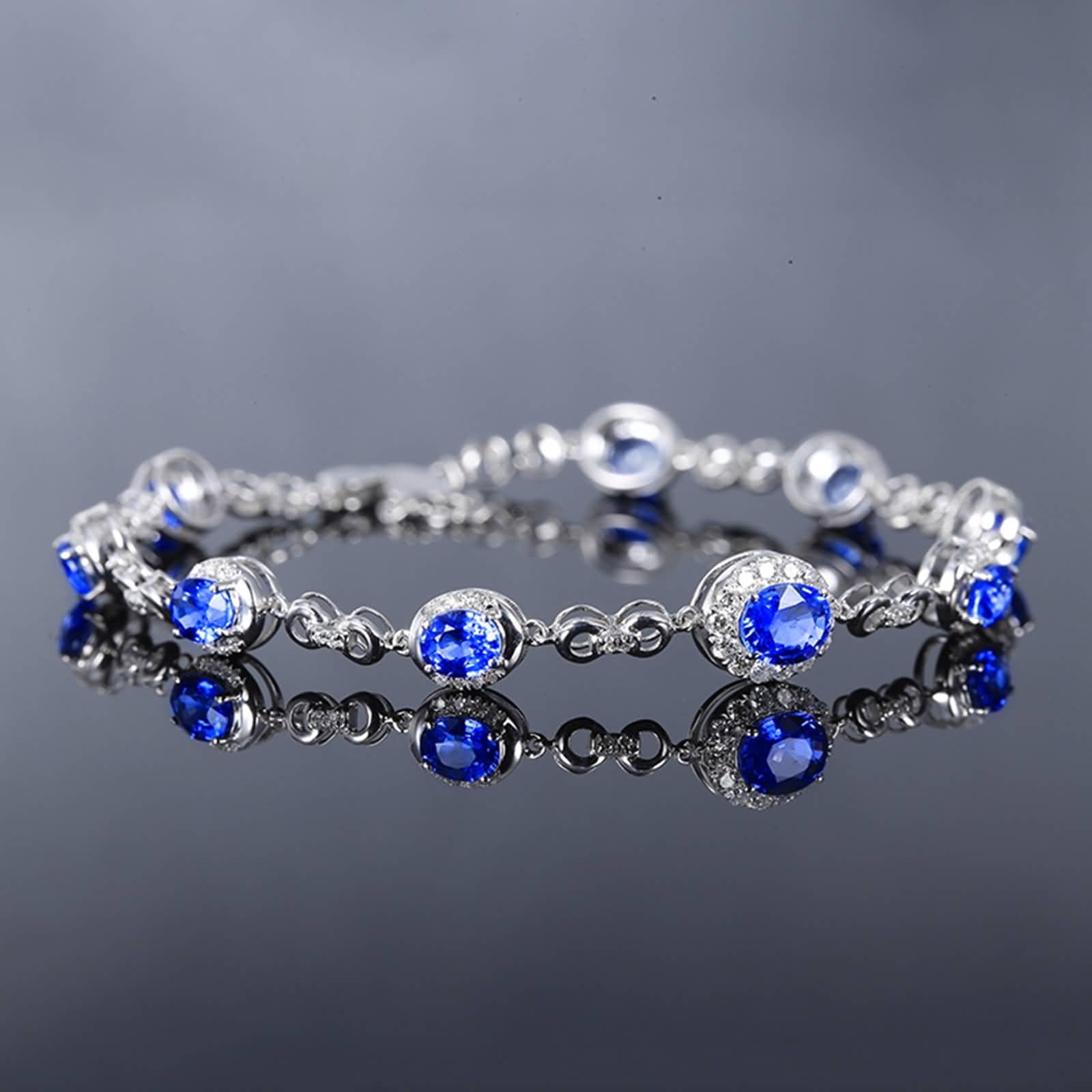 Pulseras de oro de 18 quilates para mujer, pulsera de cadena de eslabones de oro blanco con zafiro azul creado en laboratorio de 4,22 quilates y moissanita de 0,462 quilates, No es una piedra