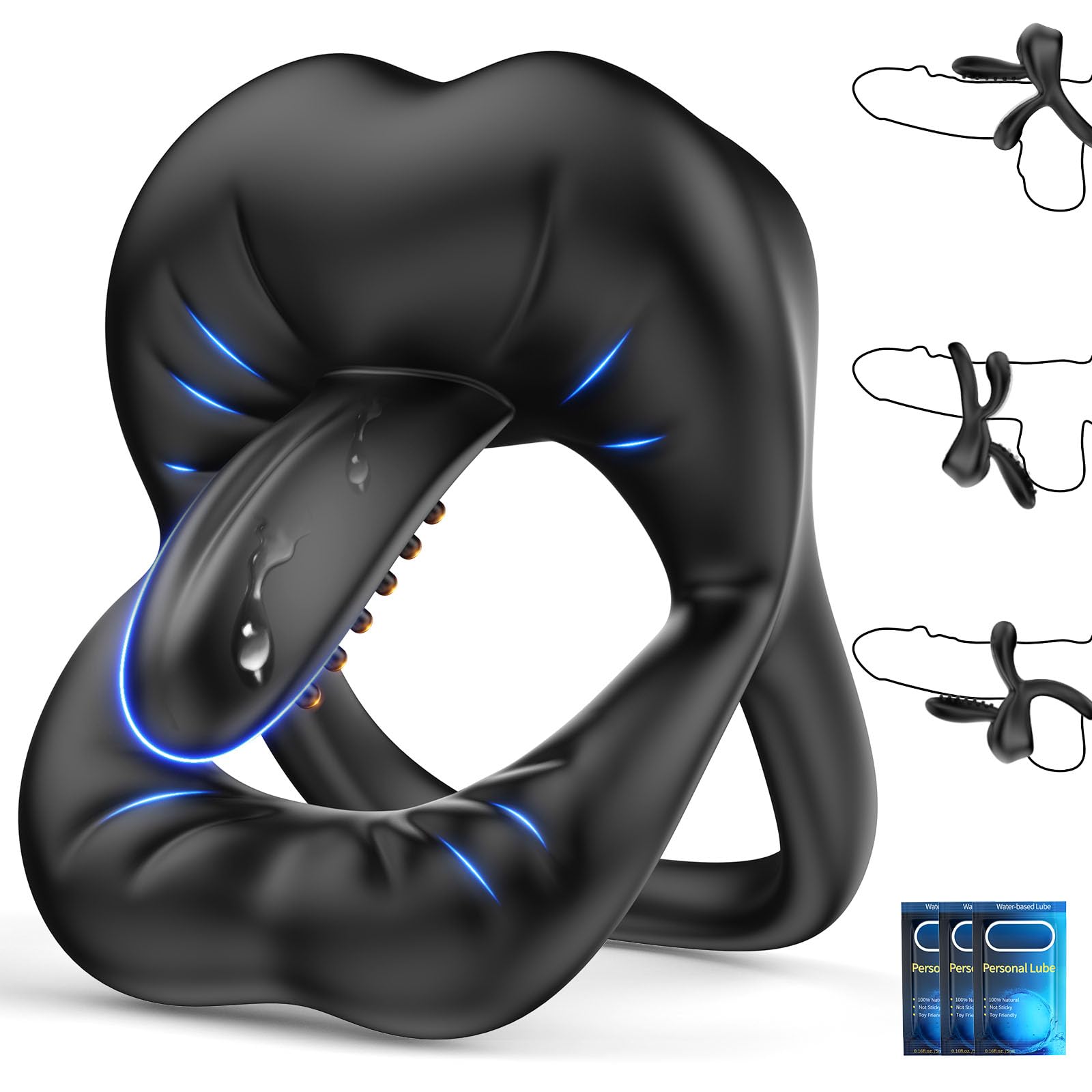 Double Anneau Penien - Anneau Homme Sex Toýs Homme, Anneau Vibrant Pénis Clitoridienne avec Vibromasseur à Langue Reglable, Cockring Sextoy Jouet Sexualité Couple avec Le Stimulateur du Périnée