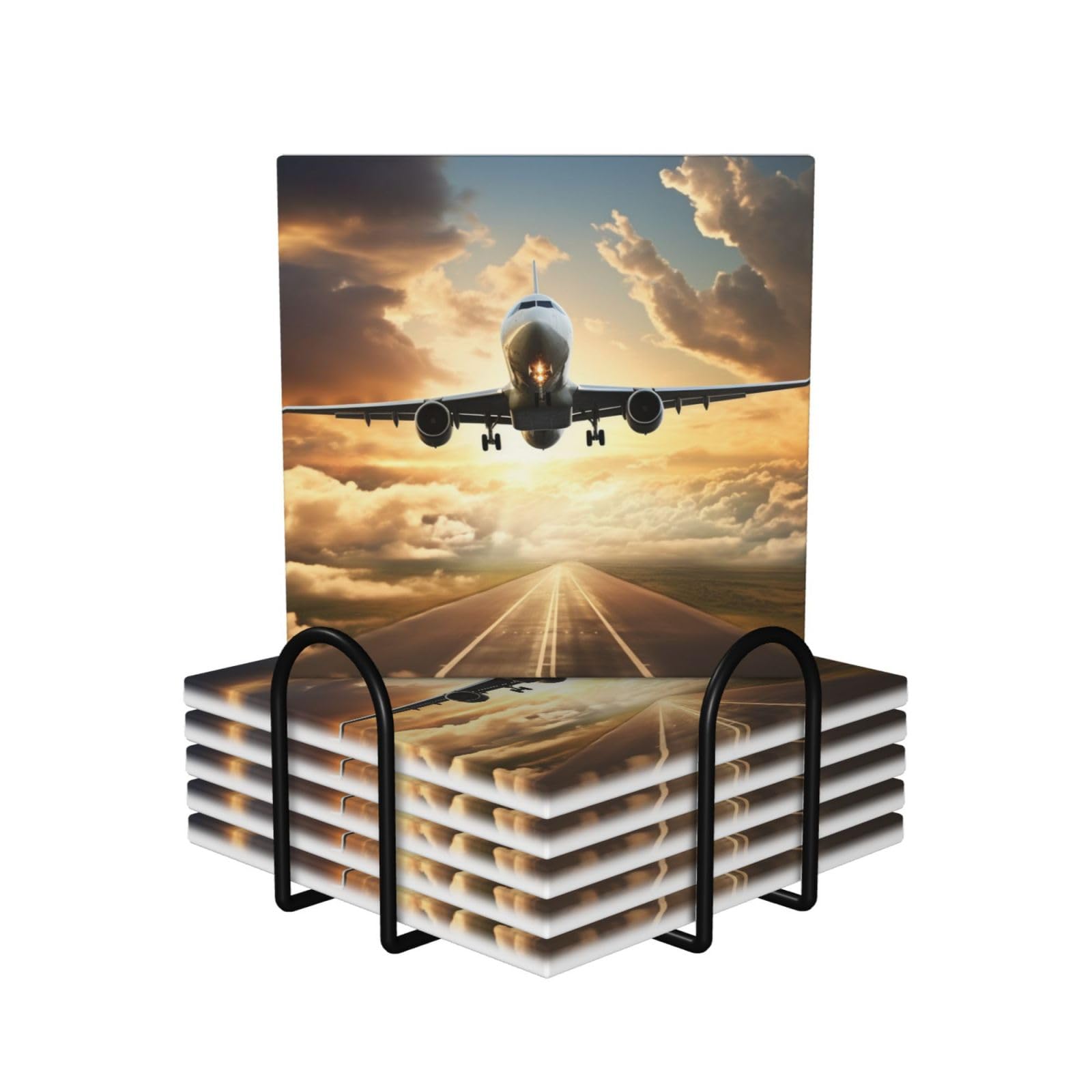 6Pcs Ceramics Coaster for Drinks, Airplane Cup Coasters with Holder, Aesthetic Drink Coasters for Coffee Table, Absorbent Round Coaster for Tabletop Protection 4" Cup Mat Pad