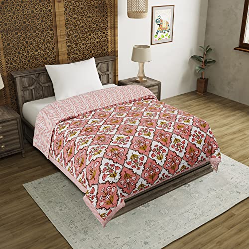 Image of BLOCKS OF INDIA Cotton Single Size Quilt Hand Block Print for Light Winters (60X90 Inches, Peach Flower), Lightweight, 300 TC