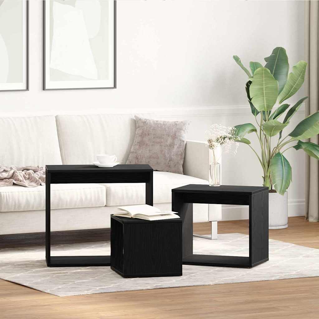 SXZenSpace Nest of Tables 3 Piece Black Oak Engineered Wood Nesting Coffee End Side Table Set Space Saving Living Room Bedroom Corridor 55 x 30 50 cm