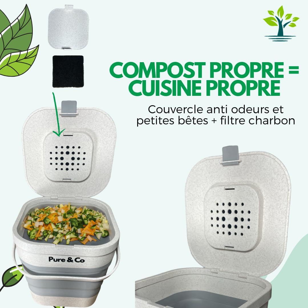 Pure&Co Composteur Cuisine Pliable 4L Poubelle Compost Anti Odeur Bioseau