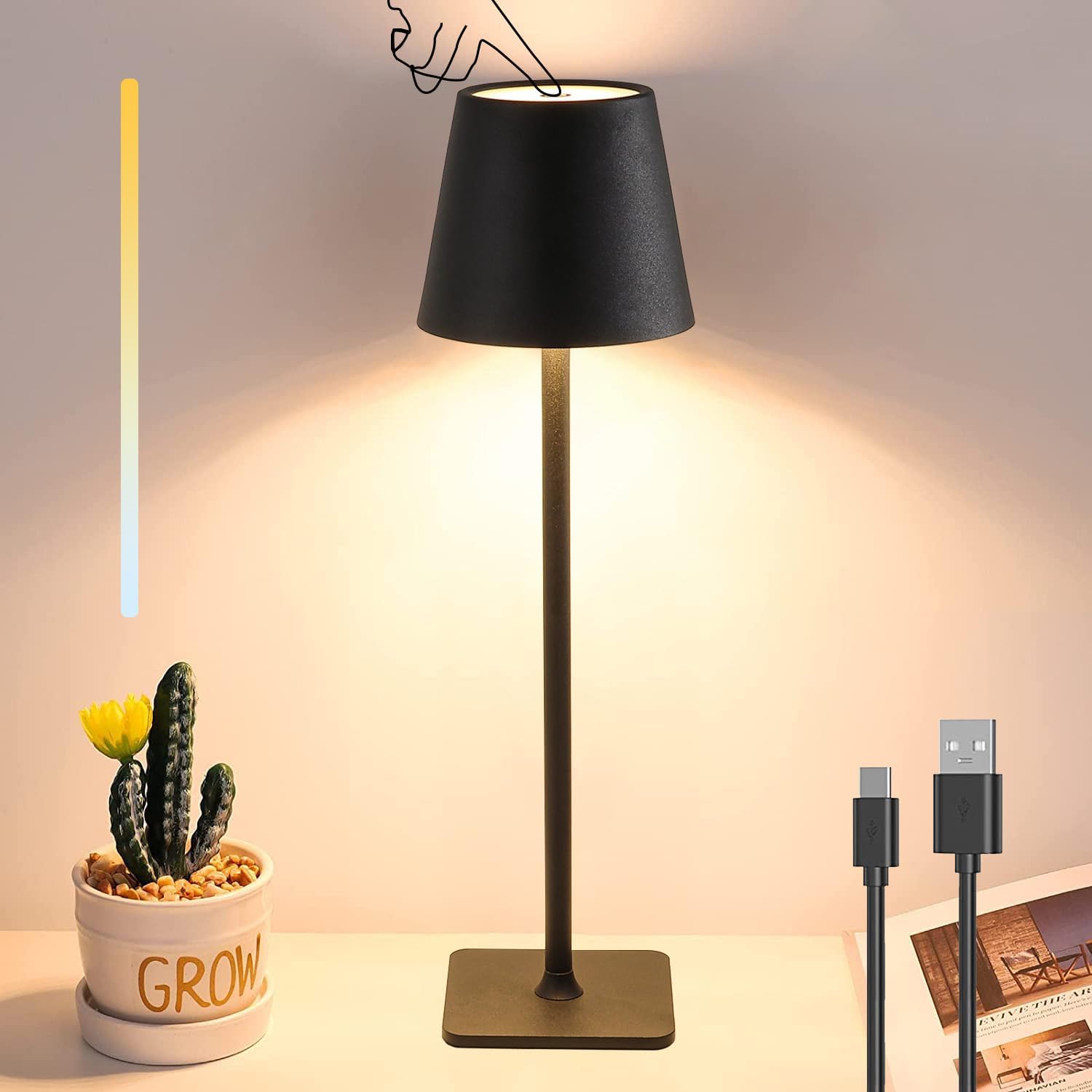 Rechargeable Cordless LED Table Lamp Dimmable Desk Lamp, 5600mAh Battery Operated Table Lamps, USB Portable Metal Light, Nightstand Small Bedside Light for Home, Dining, Living Room - Black