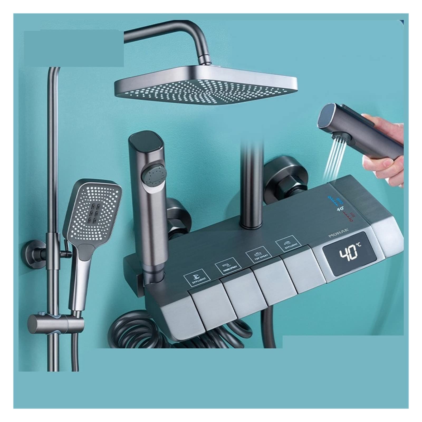 Set Doccia Digitale for Pianoforte Grigio Rubinetti da Bagno in Ottone Intelligenti Rubinetto a Cascata Calda e Fredda Doccia Grigio a Pioggia(White Square)