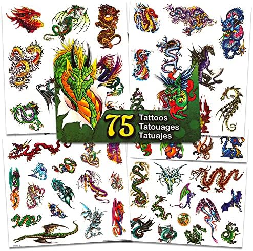 Dragon Temporary Tattoos Party Favor Set -- 75 Dragons Temporary Tattoos with Popart Stickers (Dragon Party Supplies)