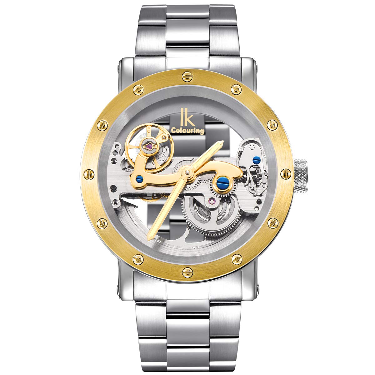 Alienwork IK Automatikuhr Armbanduhr Herren Damen Silber Edelstahl Metallarmband Skelett Glasboden